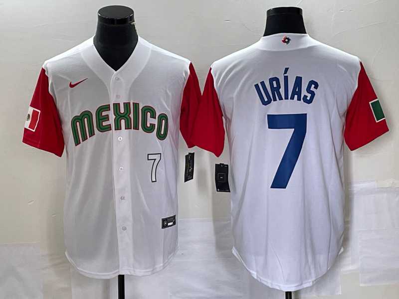 Mens Mexico Baseball #7 Julio Urias Number 2023 White Red World Classic Stitched Jersey4